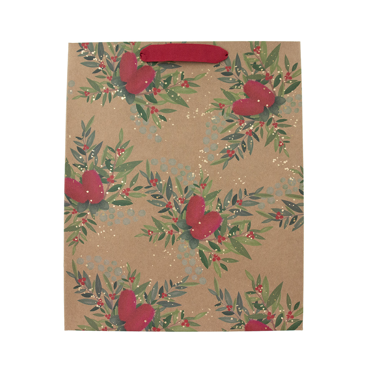 A kraft paper gift bag with a repeating pattern of green leaves, red berries, and red hearts, featuring a solid red handle on a white background.