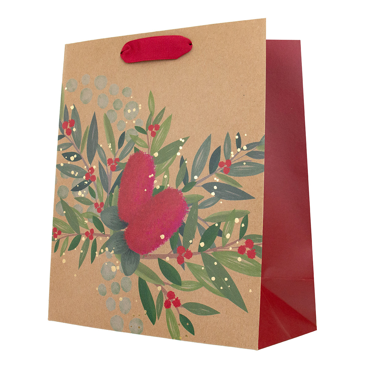 A kraft paper gift bag with red handles and a red side panel, decorated with a green leafy branch pattern and a large pink heart on the front, shown on a white background.