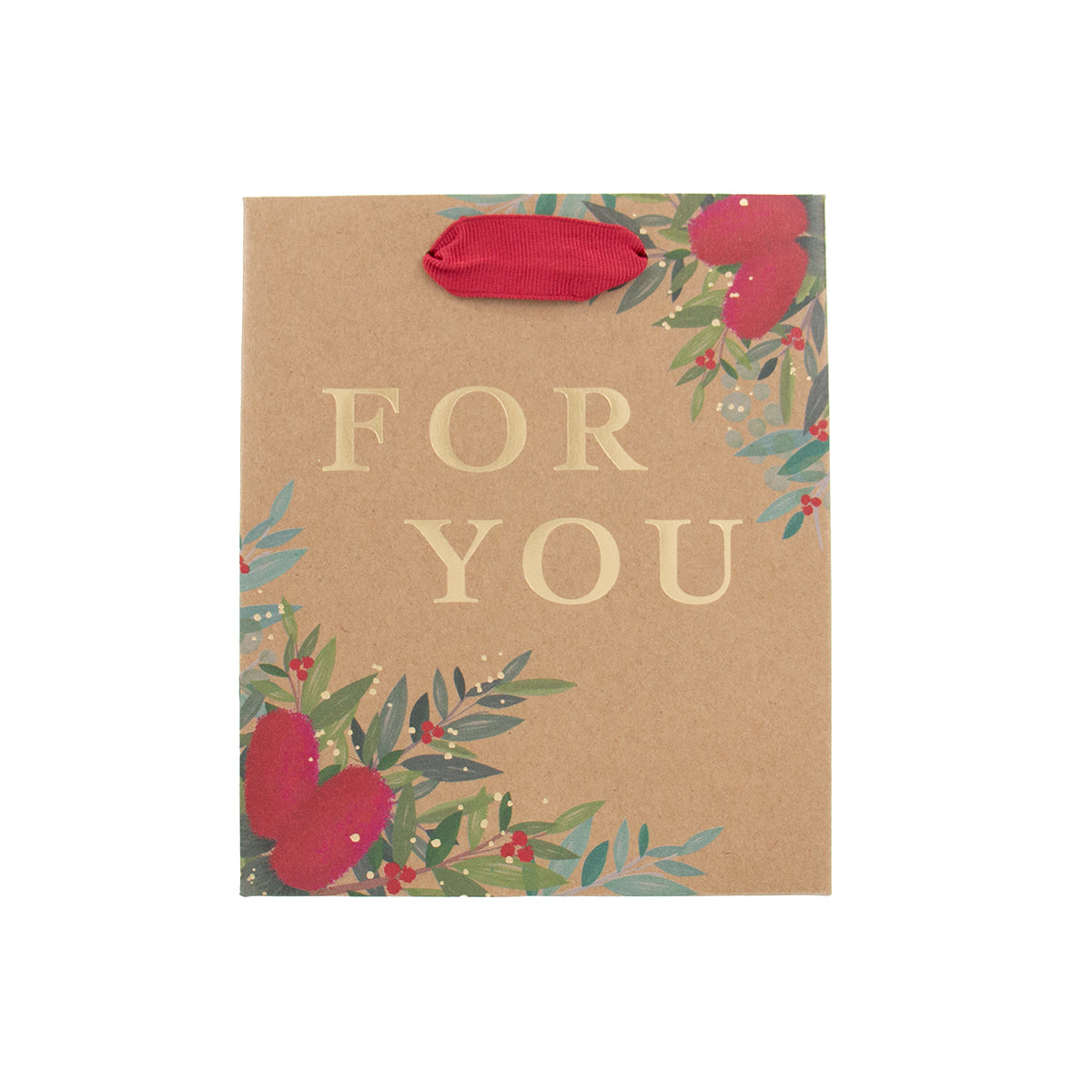 A brown kraft paper gift bag with 'FOR YOU' printed in gold lettering, decorated with red hearts and green leafy botanical illustrations in the corners, featuring a red fabric handle.