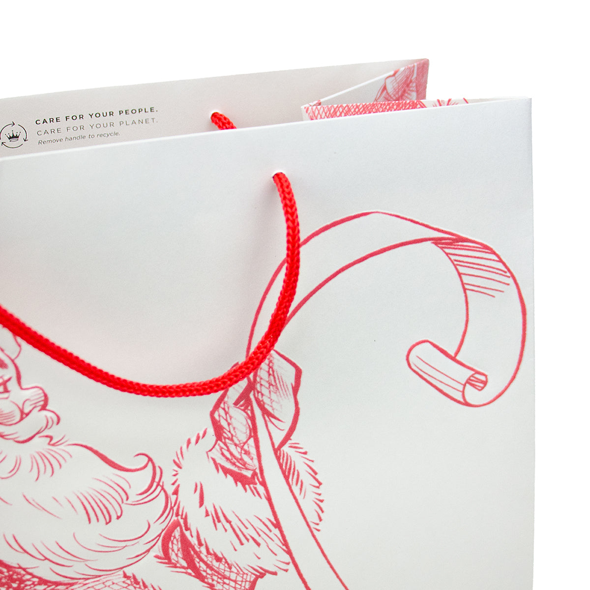 A white paper gift bag with red rope handles, featuring a red line-art illustration of a bearded figure and the printed text 'CARE FOR YOUR PEOPLE. CARE FOR YOUR PLANET.