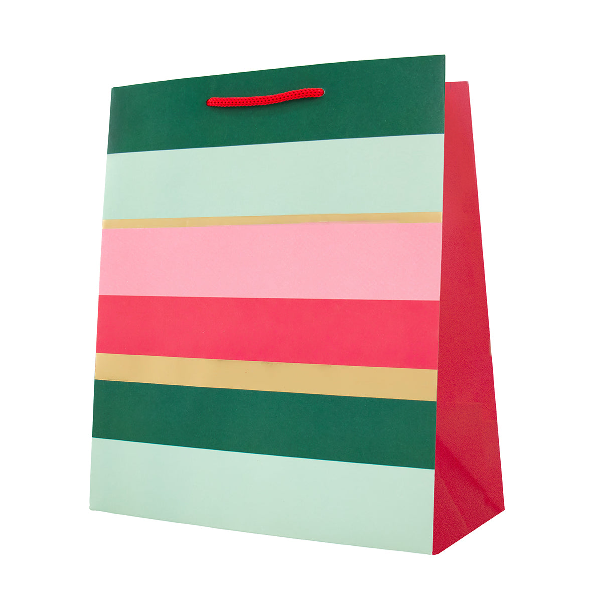 A striped paper gift bag with a red handle, featuring horizontal bands of dark green, light mint, pink, coral red, and beige on a white background.