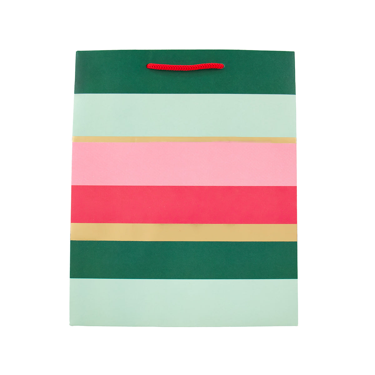 A paper gift bag with horizontal stripes in dark green, mint green, light pink, coral pink, and beige, featuring a red rope handle on a white background.