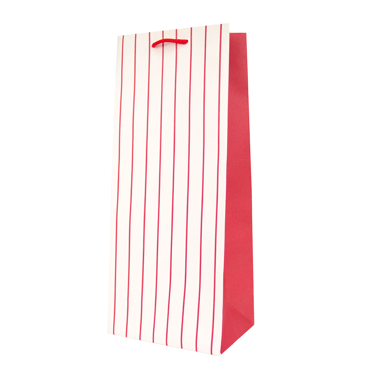 A tall paper gift bag with vertical red stripes on a white front panel, a solid red side panel, and a red paper handle, shown on a plain white background.