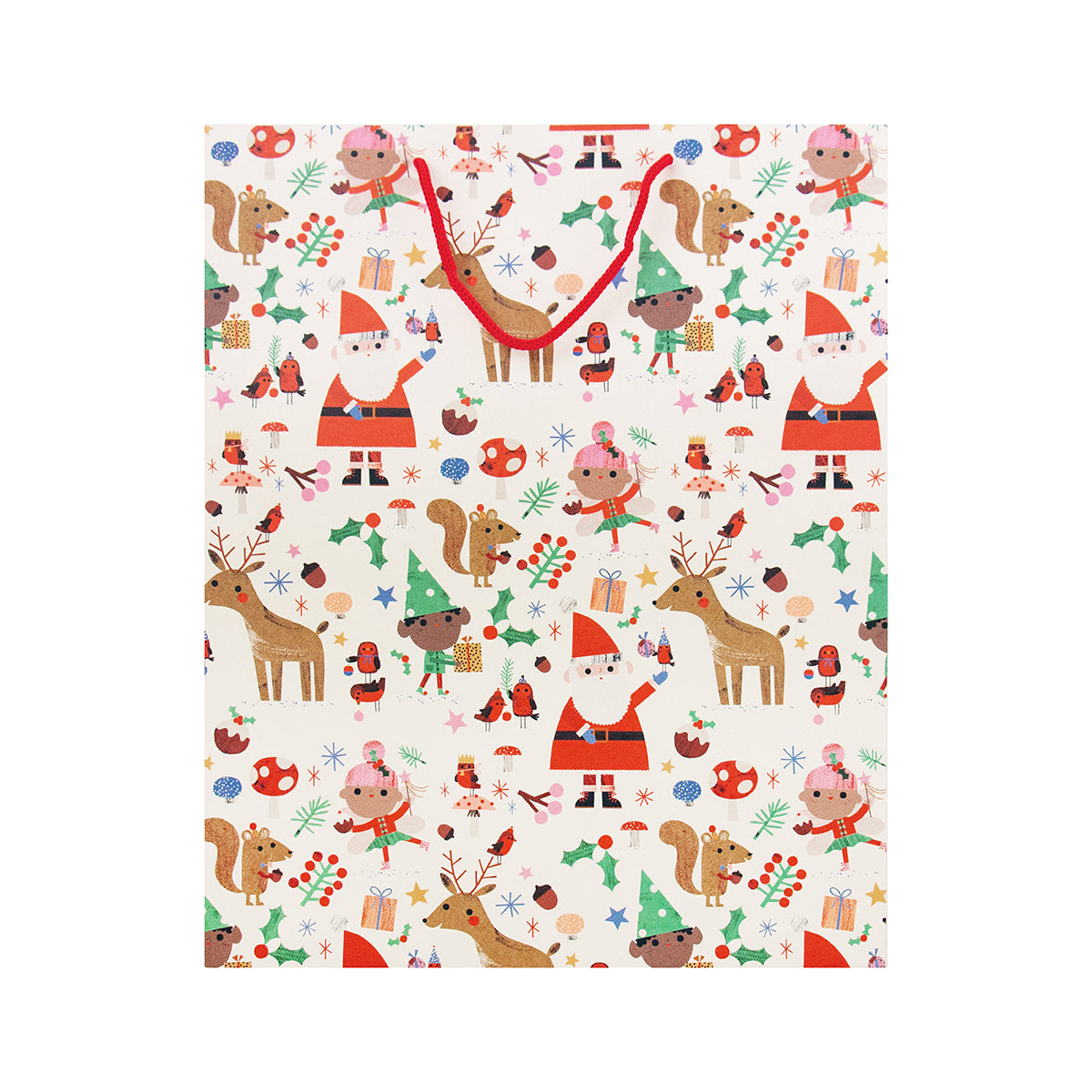 A rectangular gift bag with a festive Christmas pattern featuring Santa Claus, reindeer, squirrels, elves, and snowflakes on an off-white background, with red handles.