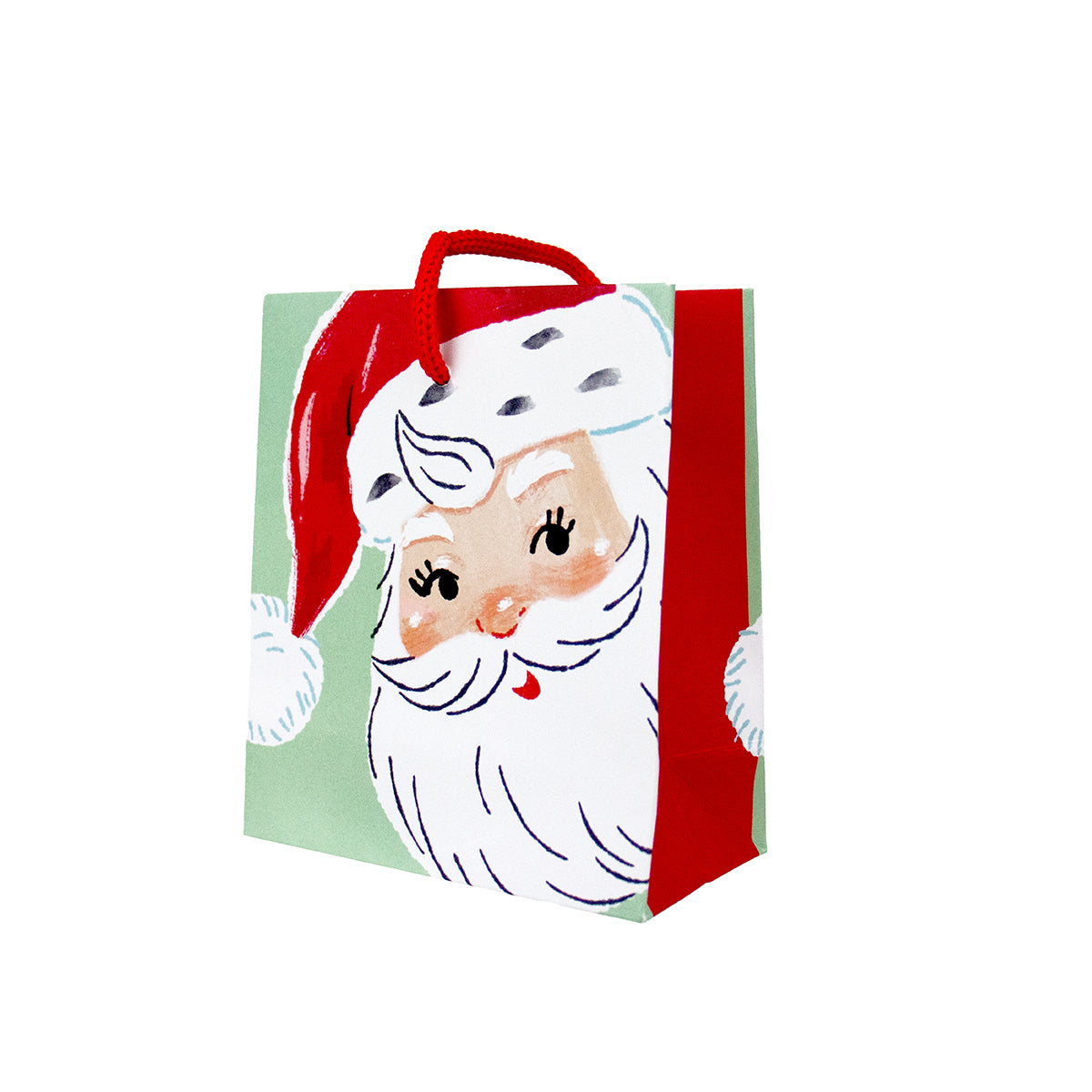 A festive Christmas gift bag featuring a vintage-style illustration of Santa Claus's face on the front, with a red Santa hat, white beard, and red handles, set against a plain white background.