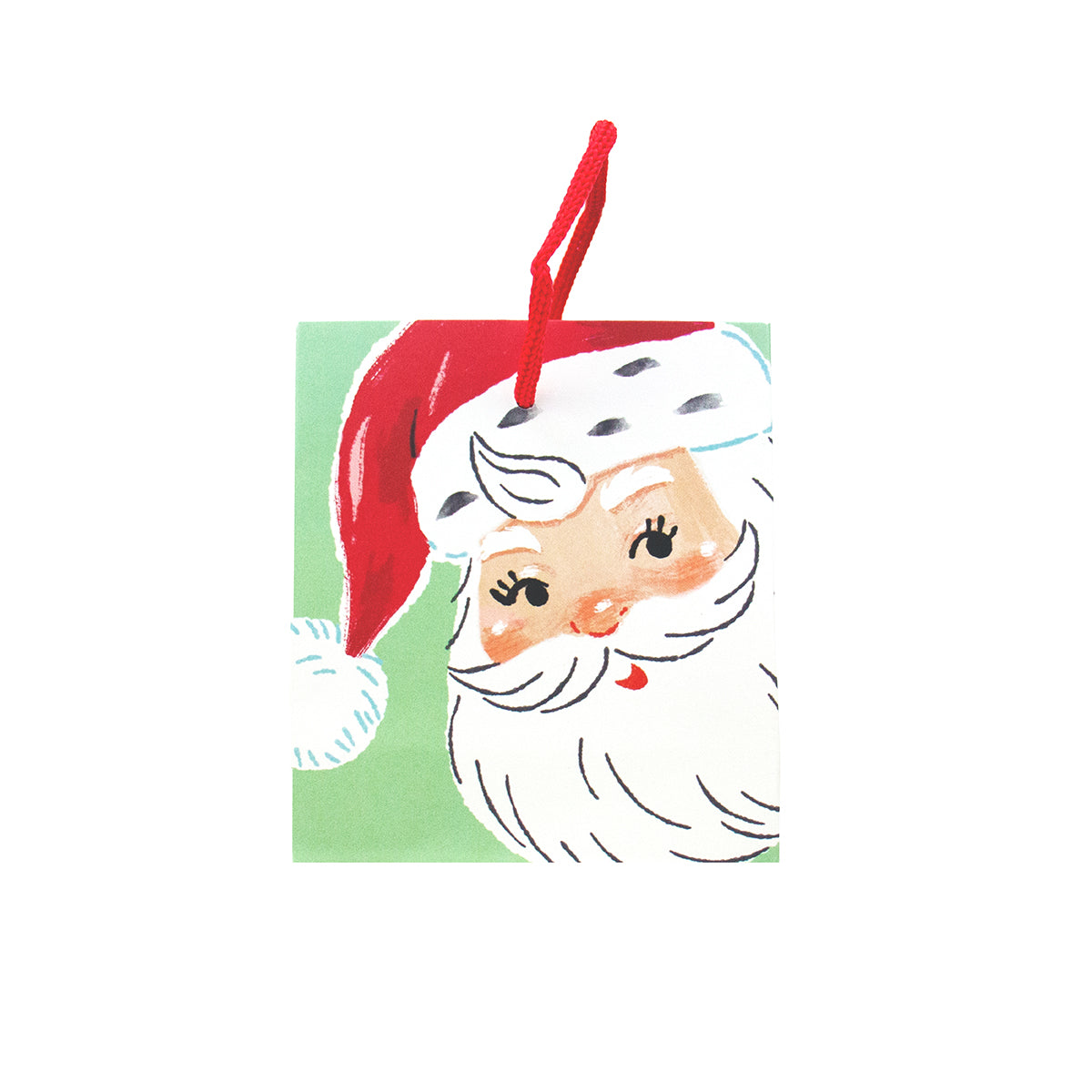 A square Christmas ornament featuring a retro-style illustration of Santa Claus's face, complete with a red Santa hat, white beard, and a hanging red ribbon, set against a plain white background.