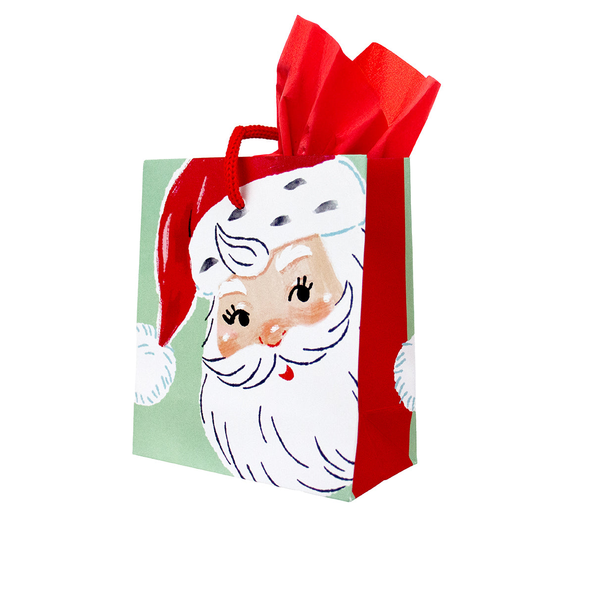 A festive Christmas gift bag featuring a cartoon Santa Claus face on a light green background, with a large red bow on top.