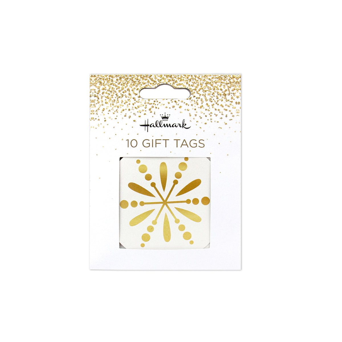 Pack of 10 Hallmark gift tags in a white card package with gold glitter accents and a clear window showing the gold tag design.