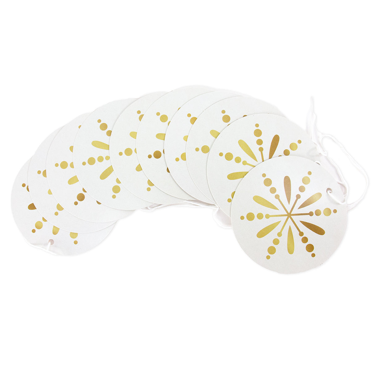A set of round white paper tags with gold foil burst patterns, arranged in a fan shape on a white background.