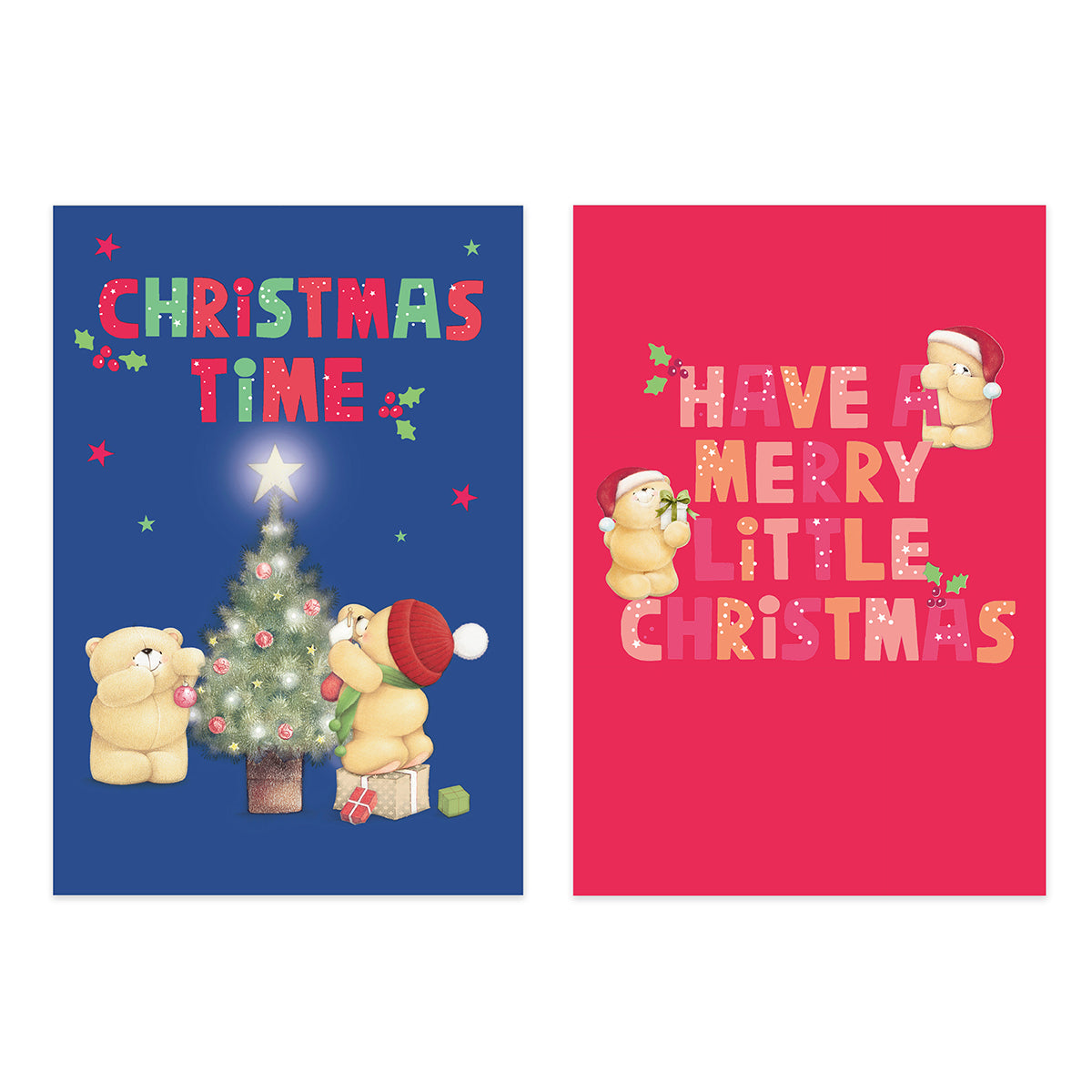 Two Christmas greeting card designs shown side by side on a white background. The left card has a dark blue background with the words 'CHRISTMAS TIME' and cartoon teddy bears around a decorated Christmas tree.