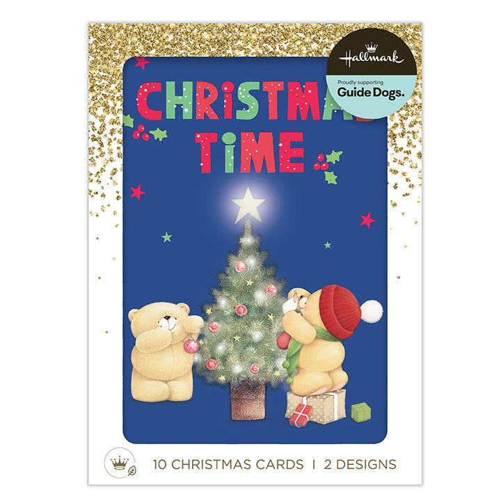 Hallmark Christmas Time for Guide Dogs card pack featuring a blue background with gold glitter, colorful 'CHRISTMAS TIME' text, and teddy bears decorating a Christmas tree. Text at the bottom reads '10 CHRISTMAS CARDS | 2 DESIGNS'.