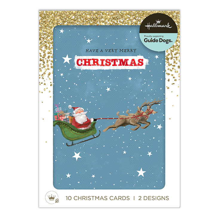 Hallmark Guide Dogs Christmas card set packaging, featuring a blue card with a gold glitter border, Santa in a sleigh with reindeer, and the text 'HAVE A VERY MERRY CHRISTMAS'.