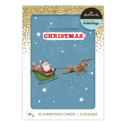 Hallmark Guide Dogs Christmas card set packaging, featuring a blue card with a gold glitter border, Santa in a sleigh with reindeer, and the text 'HAVE A VERY MERRY CHRISTMAS'.