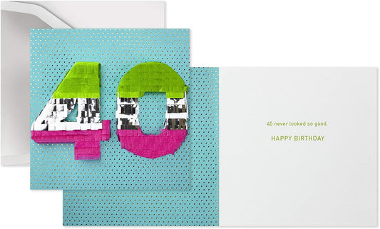 Hallmark Signature 40th Birthday Card (Never Looked So Good) featuring a 3D piñata design on blue foil background, open view.