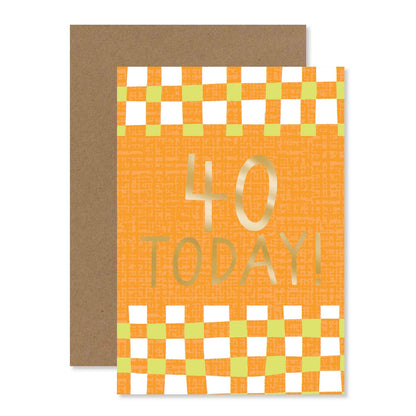 Connections from Hallmark 40th Birthday Card - 40 TODAY! featuring bright orange design with gold foil text and kraft envelope.