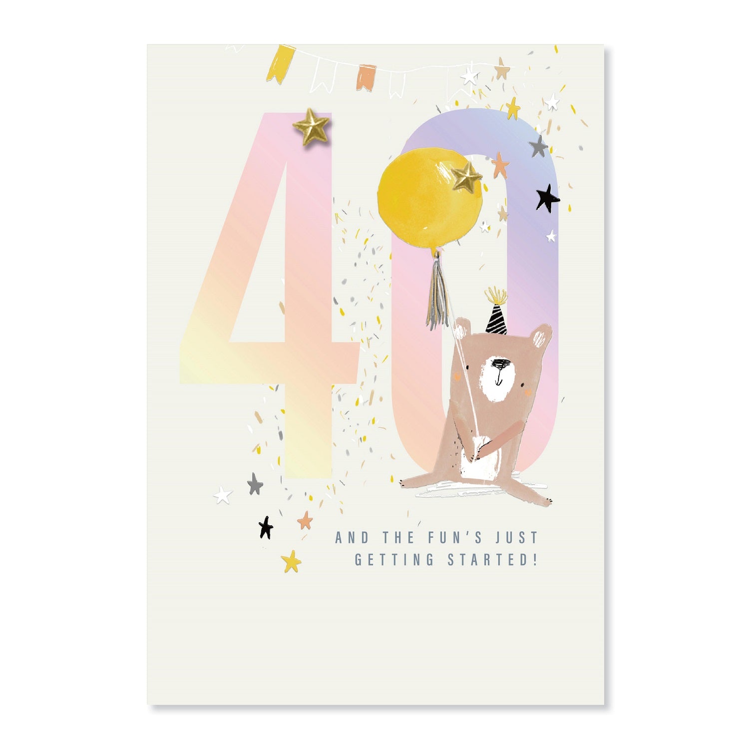 Connections from Hallmark 40th Birthday Card - And the fun's just getting started with gold star, bear illustration and colourful '40' design.
