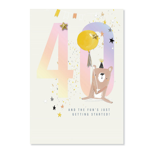 Connections from Hallmark 40th Birthday Card - And the fun's just getting started with gold star, bear illustration and colourful '40' design.