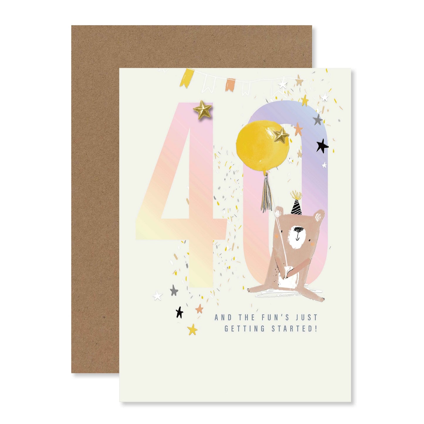 Connections from Hallmark 40th Birthday Card - And the fun's just getting started with a cute bear, silver foil details and balloon.