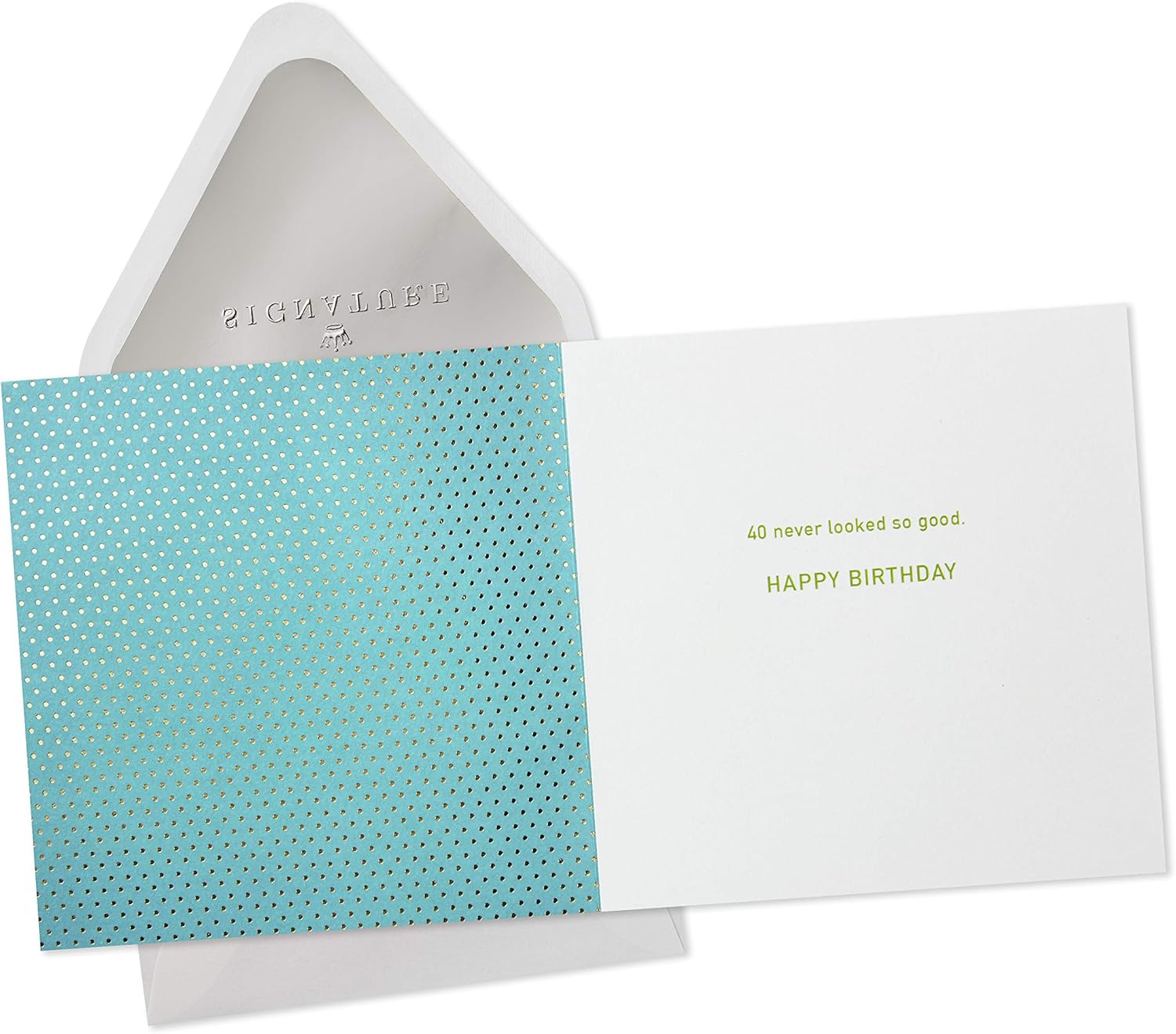 Hallmark Signature 40th Birthday Card (Never Looked So Good) open view, featuring teal dotted design and birthday greeting inside.