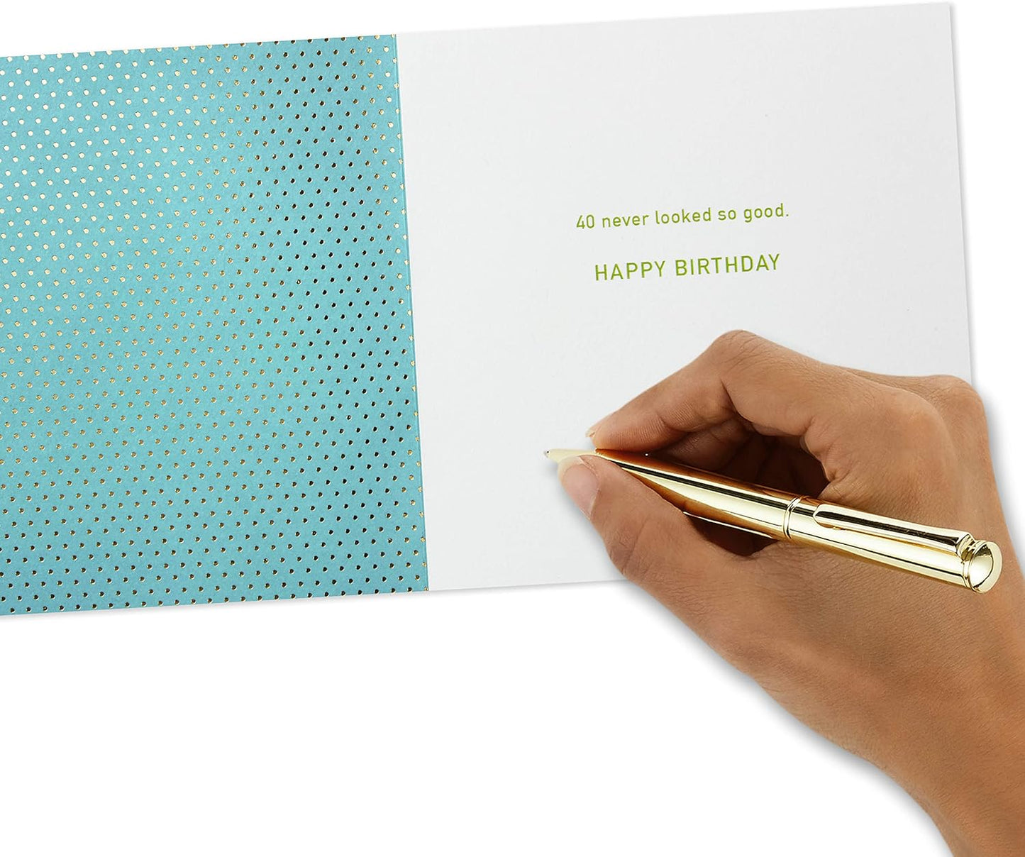 Hallmark Signature 40th Birthday Card (Never Looked So Good) inside design with gold pen writing, 3D piñata theme, light blue foil accents.