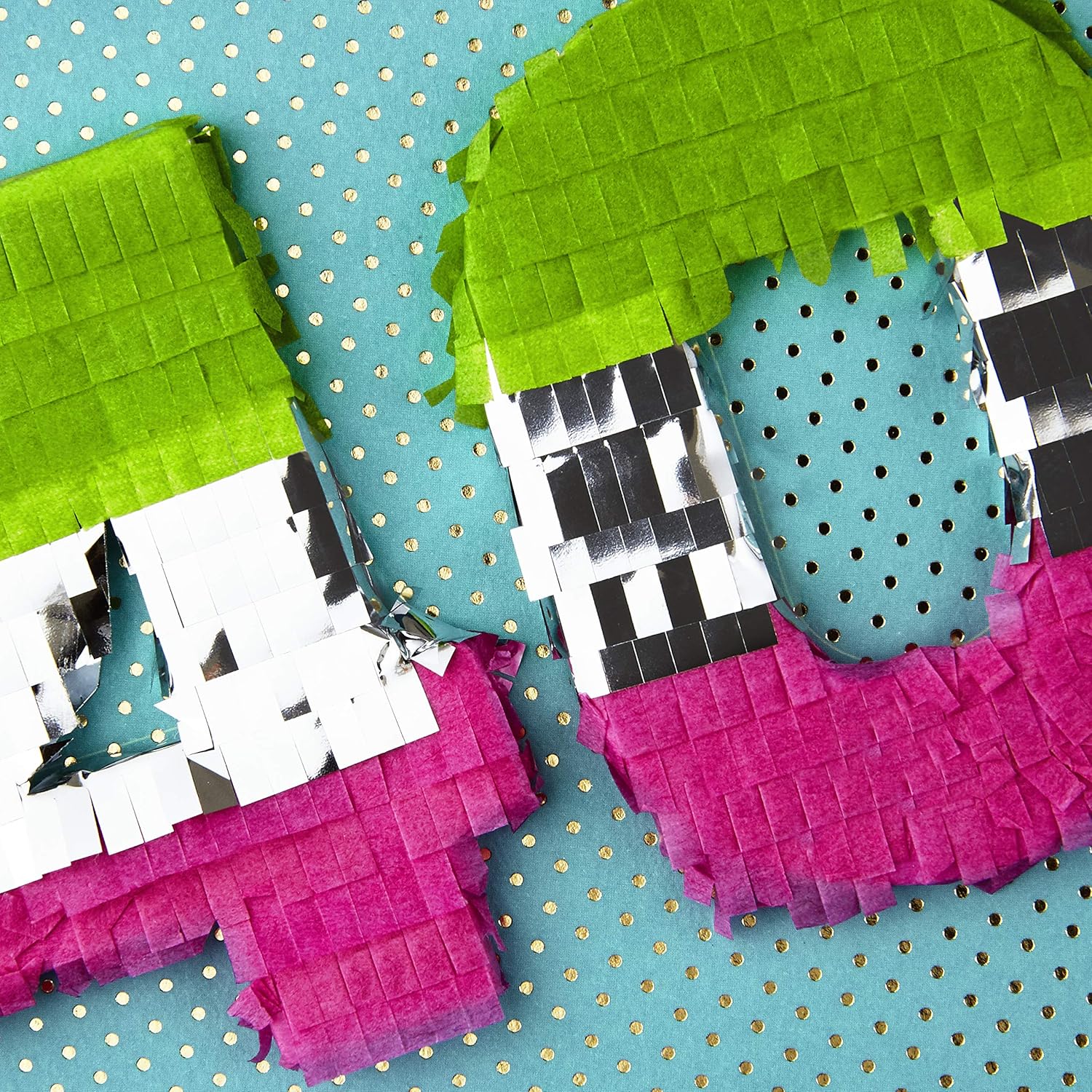 Hallmark Signature 40th Birthday Card (Never Looked So Good) close-up of 3D piñata numbers 40 in green and pink on blue foil background.