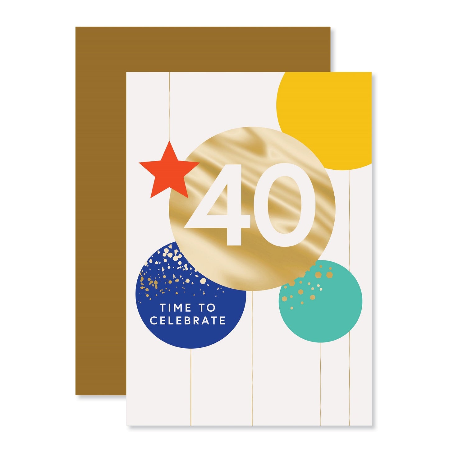 Connections from Hallmark 40th birthday card - TIME TO CELEBRATE with gold foil detailing and colourful circles, flat lay view.