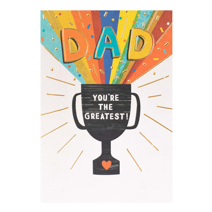 Hallmark Father's Day Card - The Greatest! with vibrant rainbow colours, embossed trophy illustration and gold foil highlights.