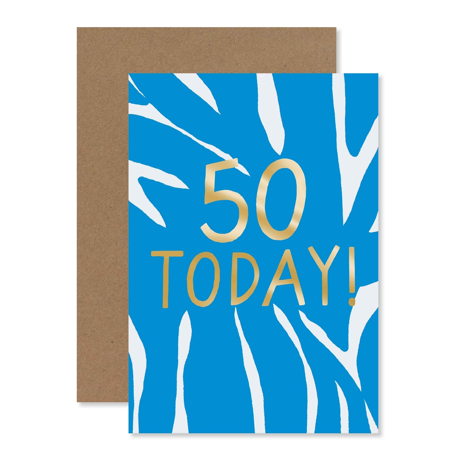 Connections from Hallmark 50th Birthday Card - 50 TODAY! with blue and white abstract pattern and gold foil lettering, flat lay view.