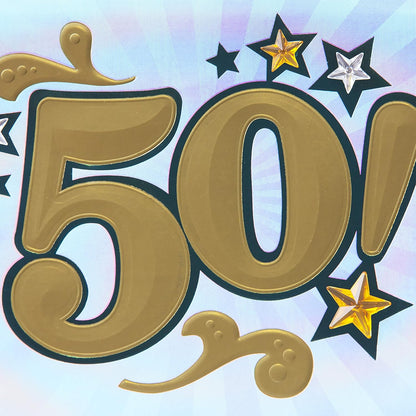 Hallmark 50th birthday greeting card (bling) with bold gold '50!' lettering and decorative stars, close up view.