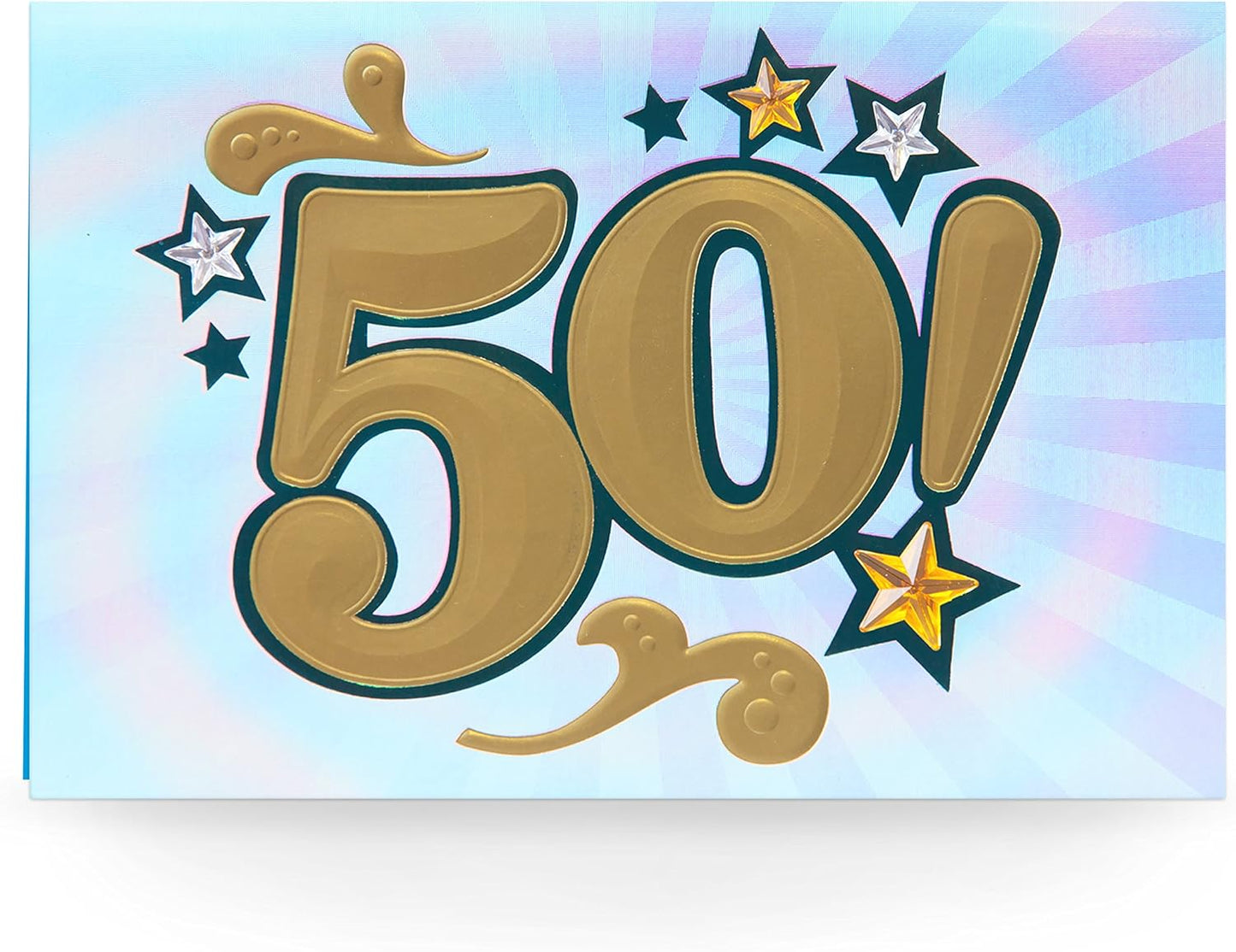 Hallmark 50th Birthday Greeting Card (Bling) with bold gold '50!' text and colourful stars on a pastel background, flat lay view.