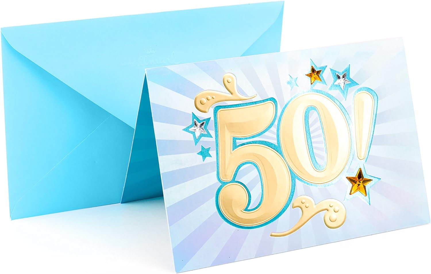 Hallmark 50th Birthday Greeting Card (Bling) with bright gold lettering and blue envelope, angled view showing festive design.