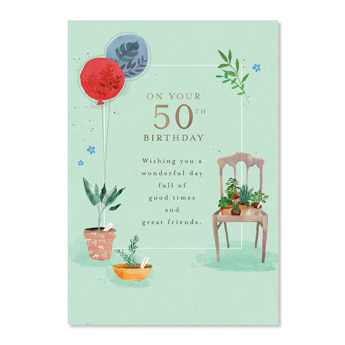 Hallmark 50th Birthday Card - Enjoy Yourself, colourful illustrated design featuring balloons, potted plants, and a chair in a cheerful layout.