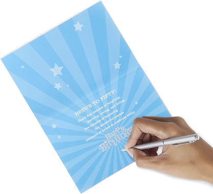 Hallmark 50th Birthday Greeting Card (Bling) inside view with blue starburst design and handwritten message, showing 50th birthday wishes.