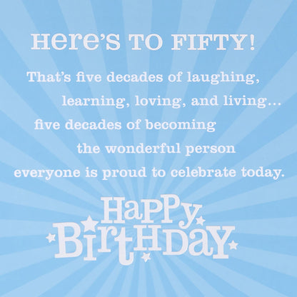 Hallmark 50th Birthday Greeting Card (Bling) interior design featuring a light blue background with heartfelt birthday message.
