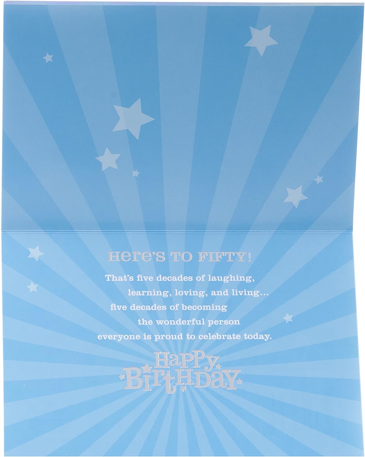 Hallmark 50th Birthday Greeting Card (Bling) inside view with blue star theme, featuring celebratory message and vibrant rays.