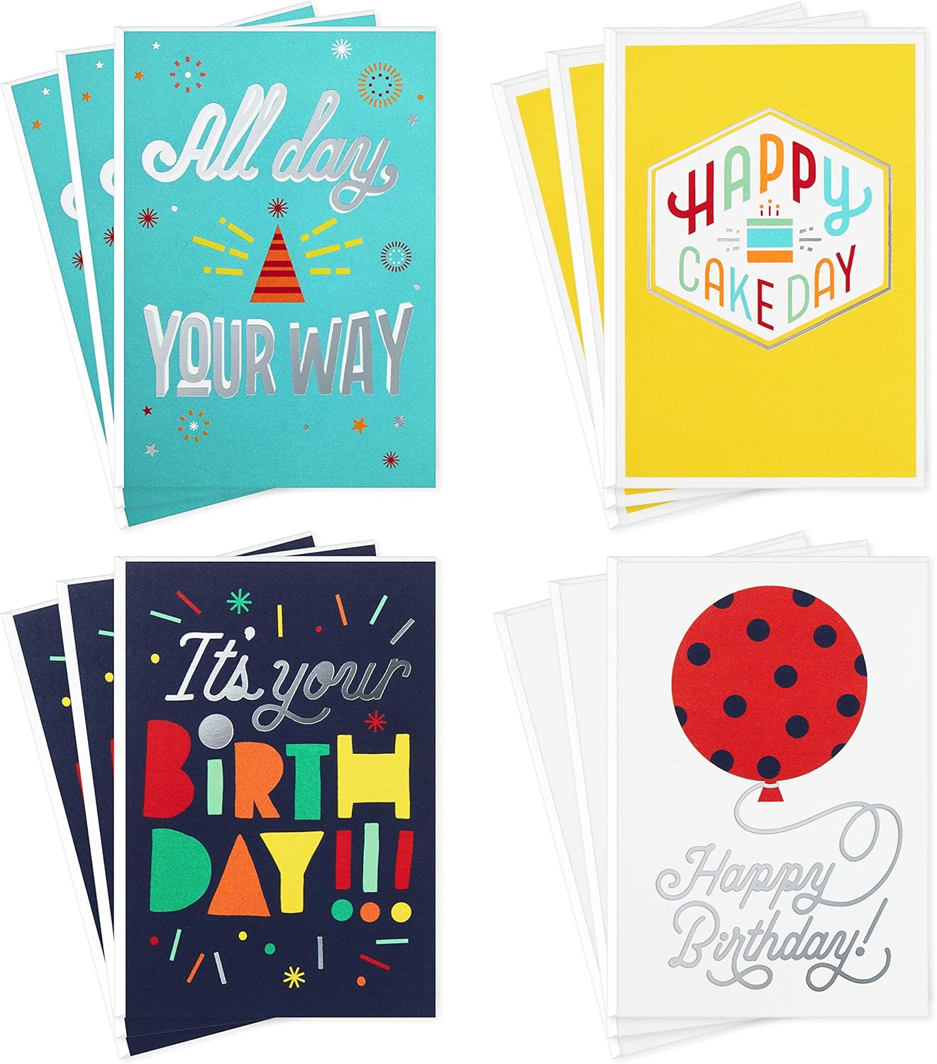Hallmark Birthday Cards Assortment, Happy Cake Day (12 Cards with Envelopes) featuring four colourful designs in a flat lay view.