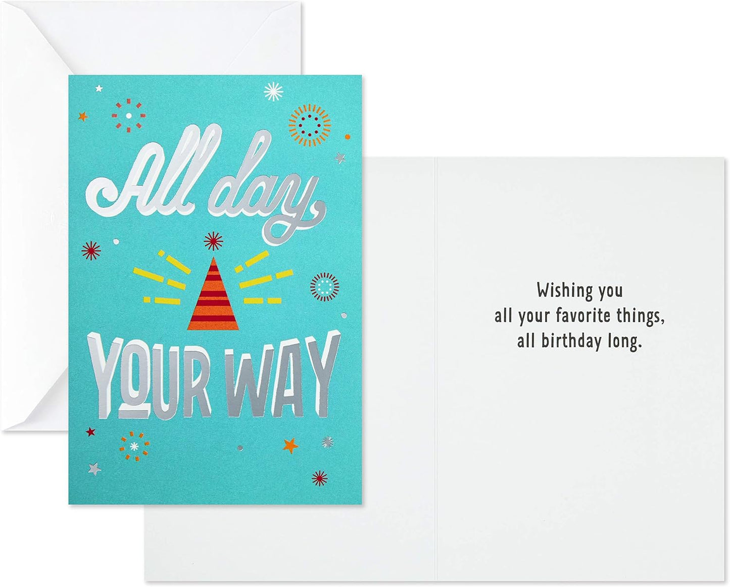 Hallmark Birthday Cards Assortment, Happy Cake Day (12 Cards with Envelopes) featuring a colourful birthday card design with silver foil accents, front view.