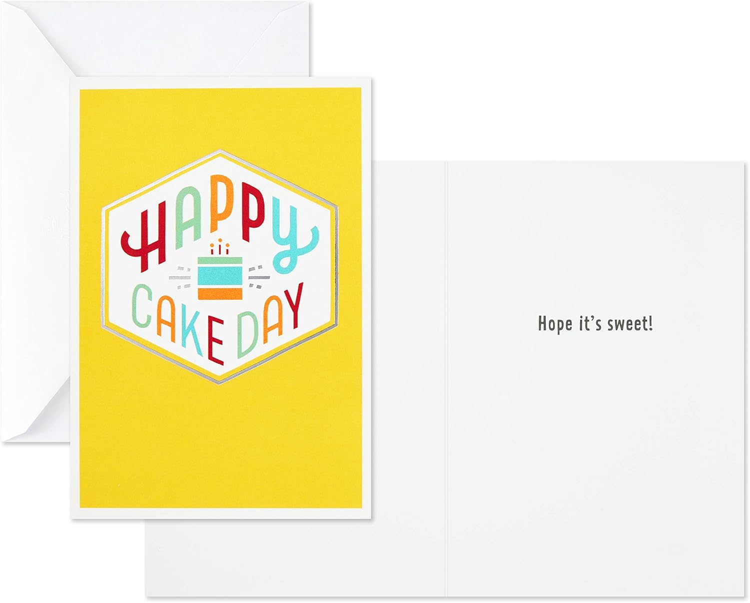 Hallmark Birthday Cards Assortment, Happy Cake Day (12 Cards with Envelopes) featuring bright yellow card design with cheerful lettering.