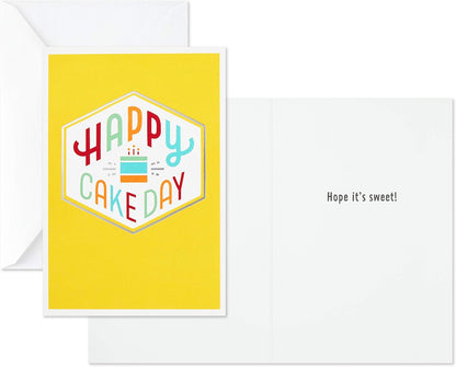 Hallmark Birthday Cards Assortment, Happy Cake Day (12 Cards with Envelopes) featuring bright yellow card design with cheerful lettering.