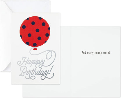 Hallmark Birthday Cards Assortment, Happy Cake Day with a red polka dot balloon design, featuring inside message 'And many, many more!'.