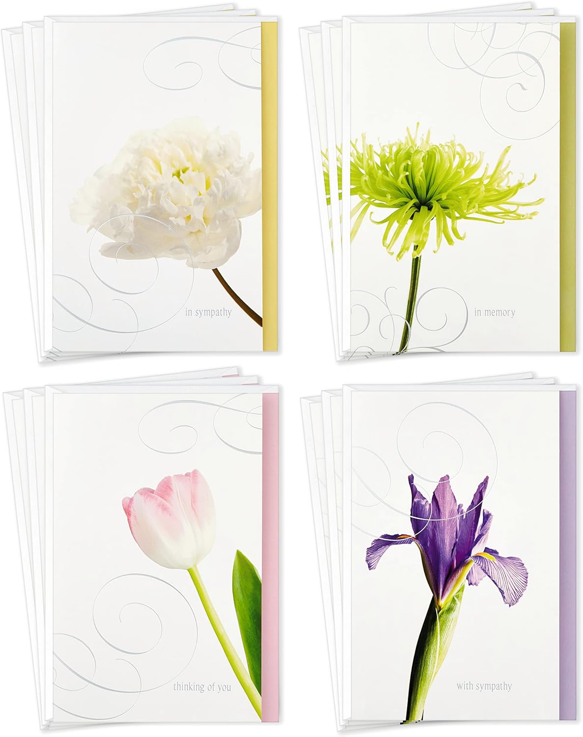 Hallmark Assorted Sympathy Greeting Cards (Flowers, 12 Cards and Envelopes) featuring four floral designs in various colours, flat lay display.