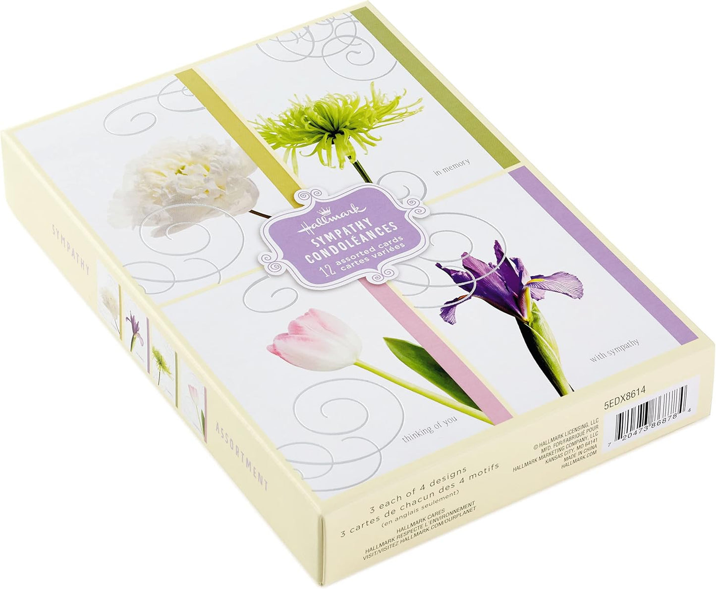 Hallmark Assorted Sympathy Greeting Cards (Flowers, 12 Cards and Envelopes) packaging design featuring colourful flower illustrations.