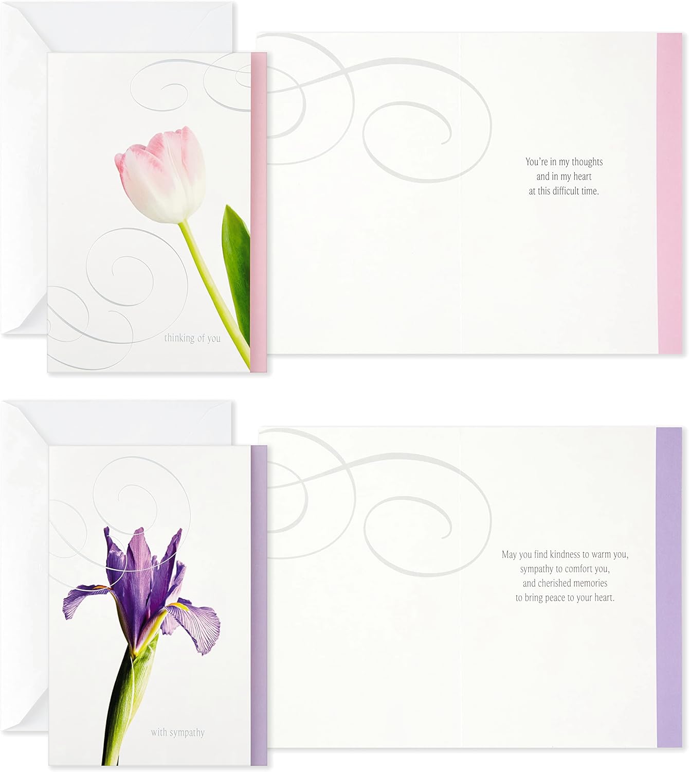 Hallmark Assorted Sympathy Greeting Cards (Flowers, 12 Cards and Envelopes) in floral designs featuring tulip and iris, with heartfelt messages inside.