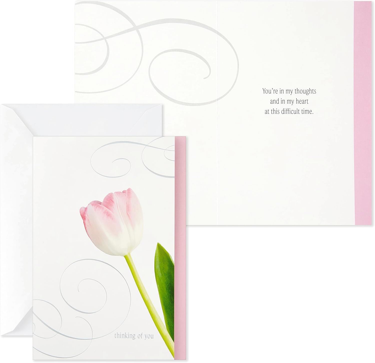 Hallmark Assorted Sympathy Greeting Cards (Flowers, 12 Cards and Envelopes) featuring a pink tulip design, thought card interior, flat lay presentation.