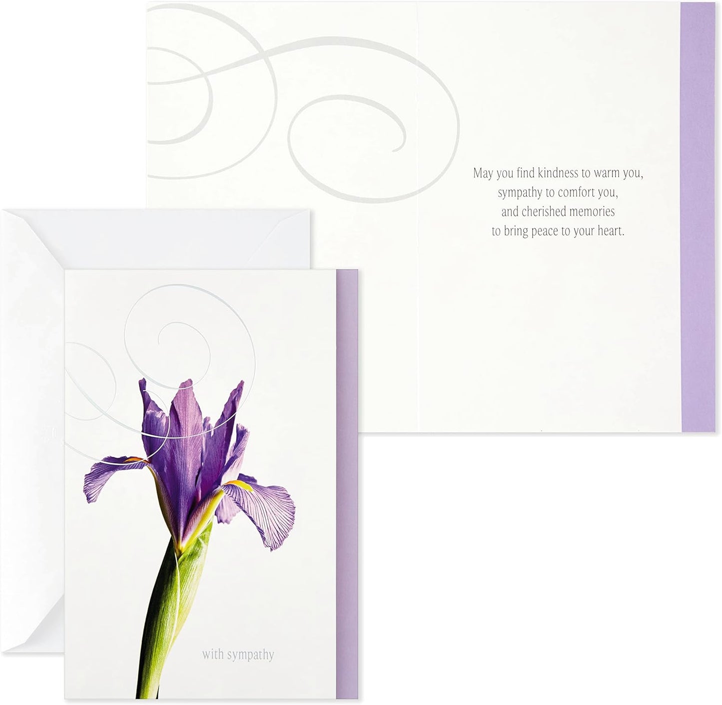 Hallmark Assorted Sympathy Greeting Cards (Flowers, 12 Cards and Envelopes) featuring a purple iris design, with an elegant interior message.
