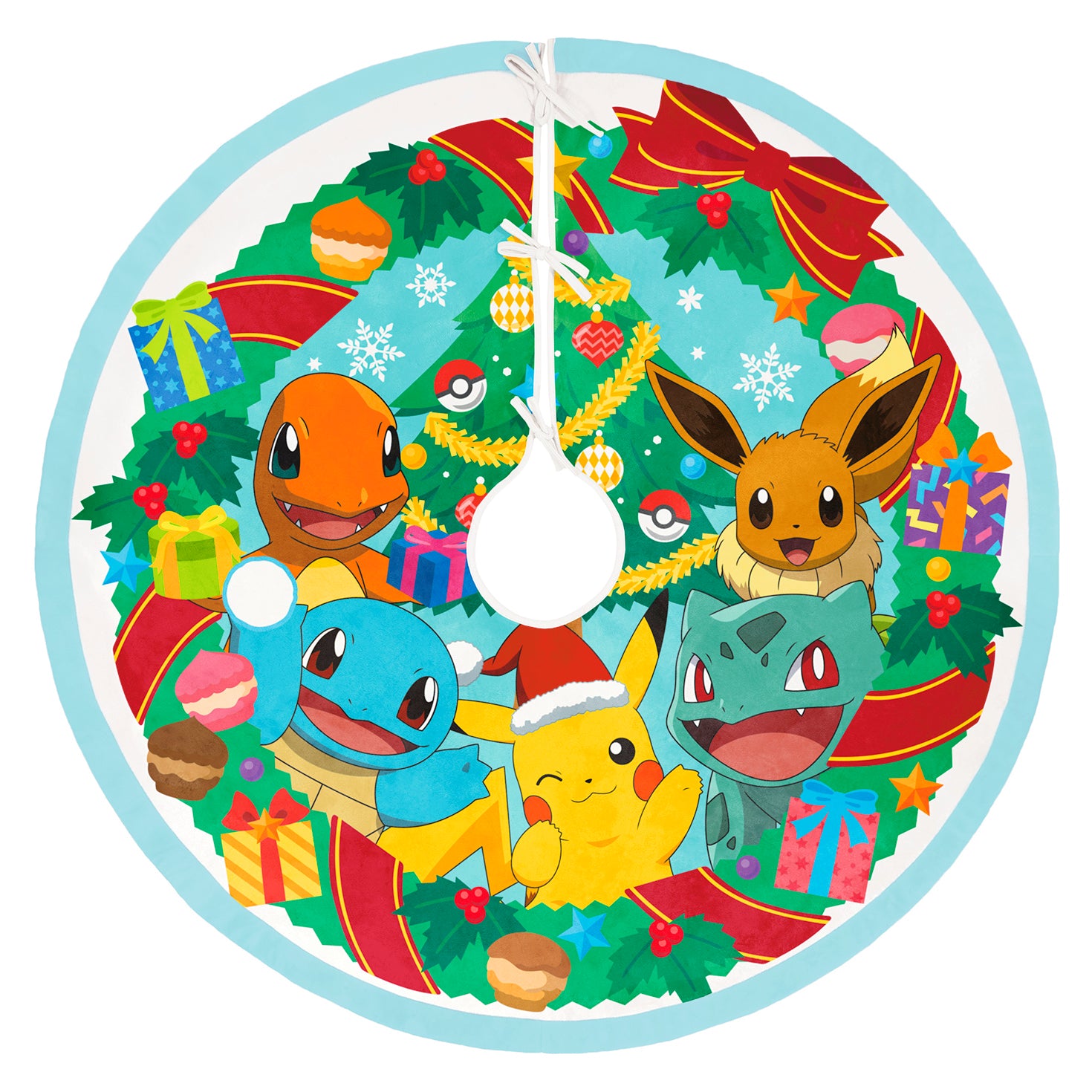 Pokémon Holiday, Fabric — 2026 Hallmark Keepsake 48" Christmas tree skirt featuring Pikachu, Charmander, Squirtle, Bulbasaur and Eevee in a festive wreath design.