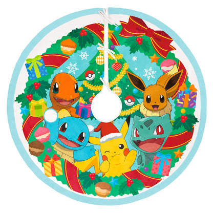 Pokémon Holiday, Fabric — 2026 Hallmark Keepsake 48" Christmas tree skirt featuring Pikachu, Charmander, Squirtle, Bulbasaur and Eevee in a festive wreath design.