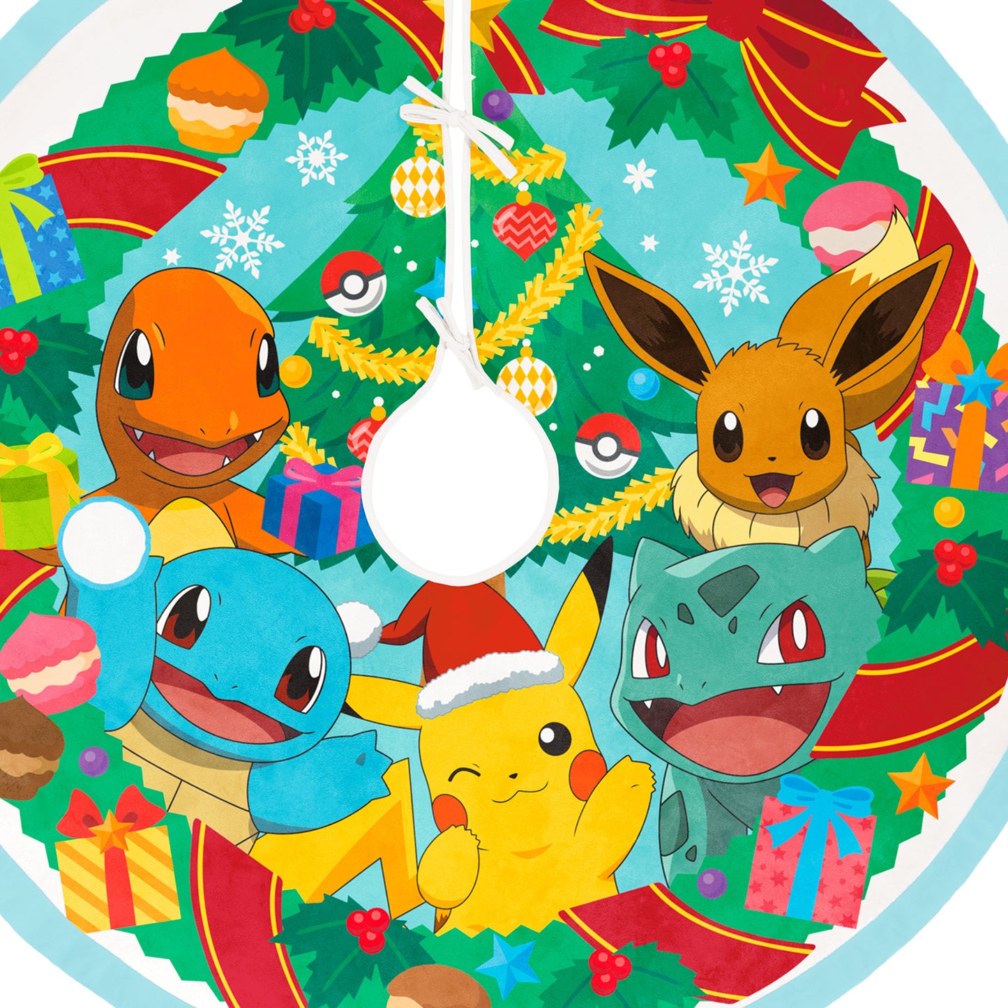 Pokémon Holiday, Fabric — 2026 Hallmark Keepsake 48" Christmas tree skirt featuring Pikachu, Bulbasaur, Charmander and Eevee in festive design.