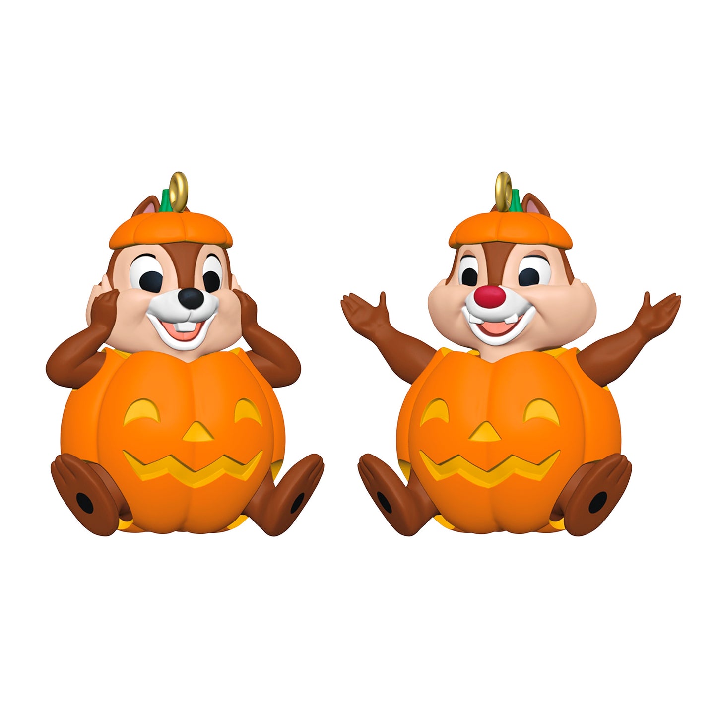 Hallmark Keepsake Halloween Ornaments (Disney Chip 'N Dale Double Trouble), Set of 2 with Chip and Dale in pumpkin costumes, side view