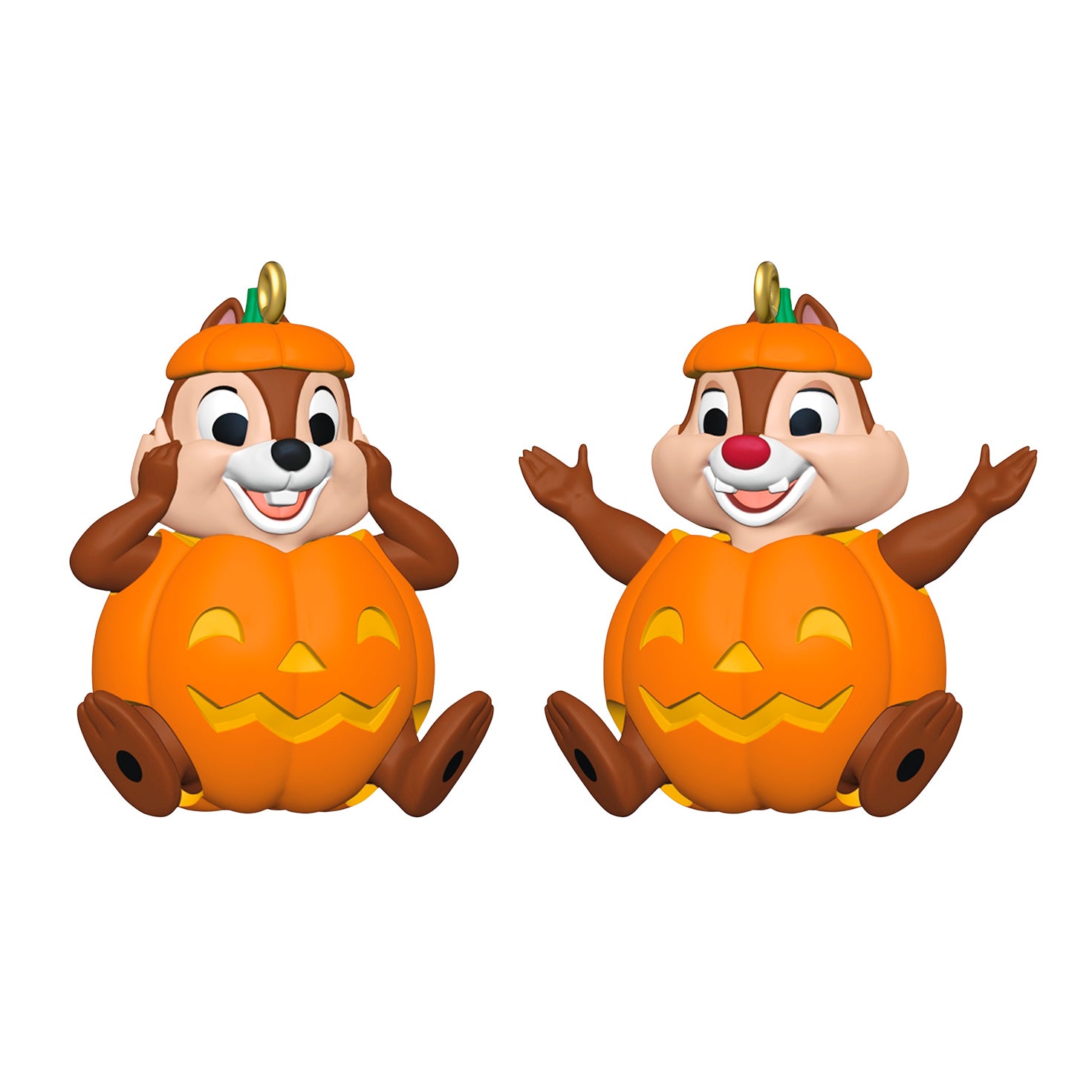 Hallmark Keepsake Halloween Ornaments (Disney Chip 'N Dale Double Trouble), Set of 2 with Chip and Dale in pumpkin costumes, side view